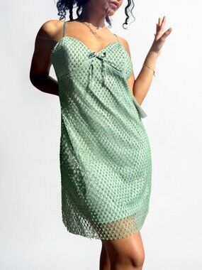 NWT Mint Green Beaded Glitter Mesh Mini Dress Size L Bow Bustier